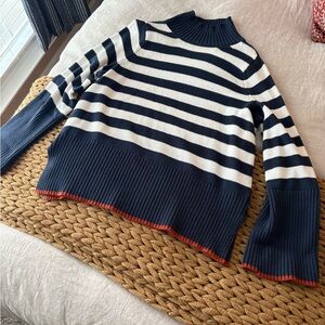 100% Cotton Striped Navy and White Women's Turtleneck Sweater